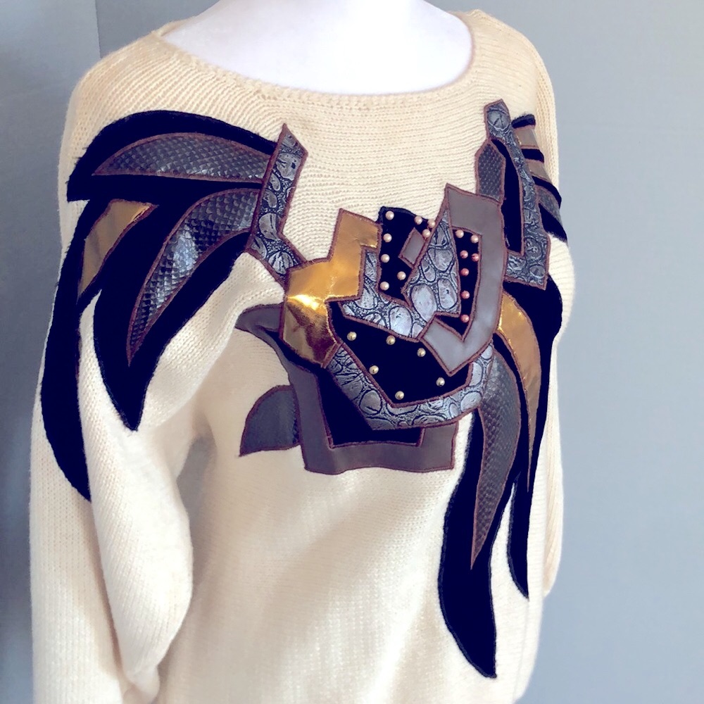 Eighties 1980’s cotton/Ramie knit sweater with velvet and faux leather appliqué.